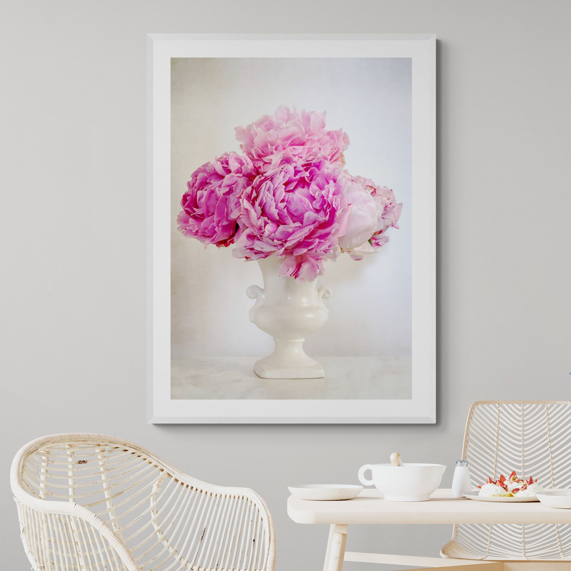 pink peonies in a vase print in dining-room by Kirsten Clark Art