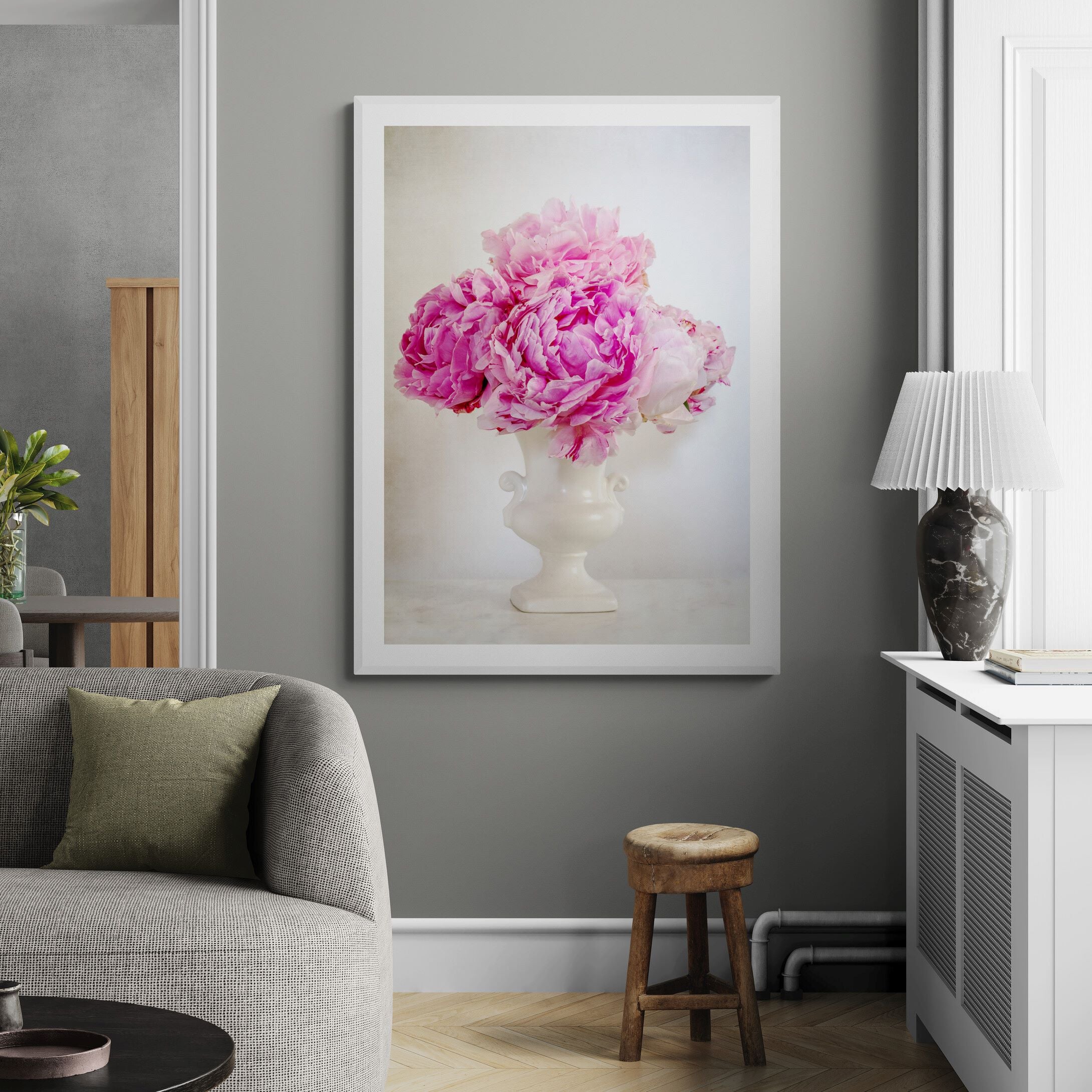 pink peonies in vase print in living-room by Kirsten Clark Art