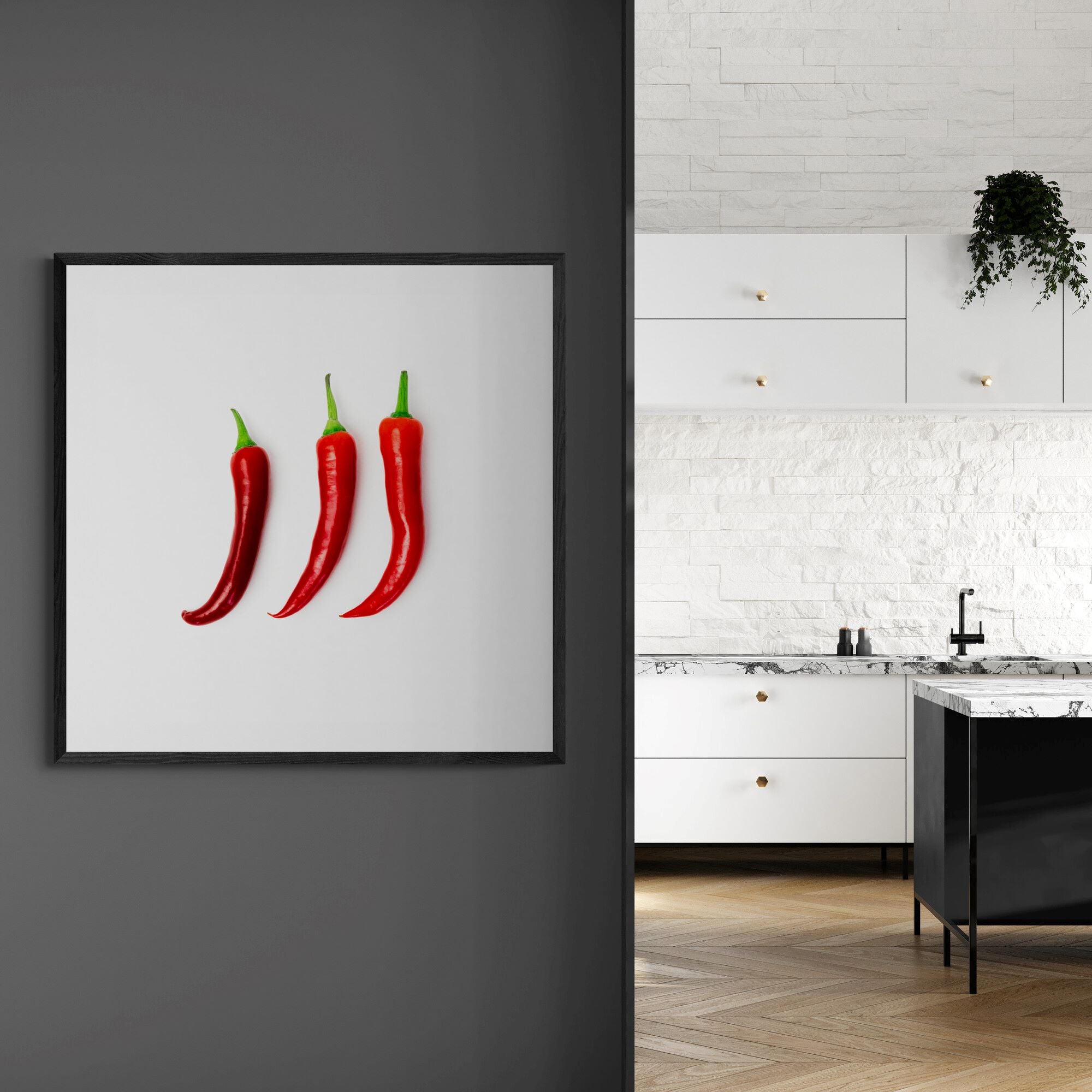 red hot chillies print on feature-wall-by kitchen by Kirsten Clark Art