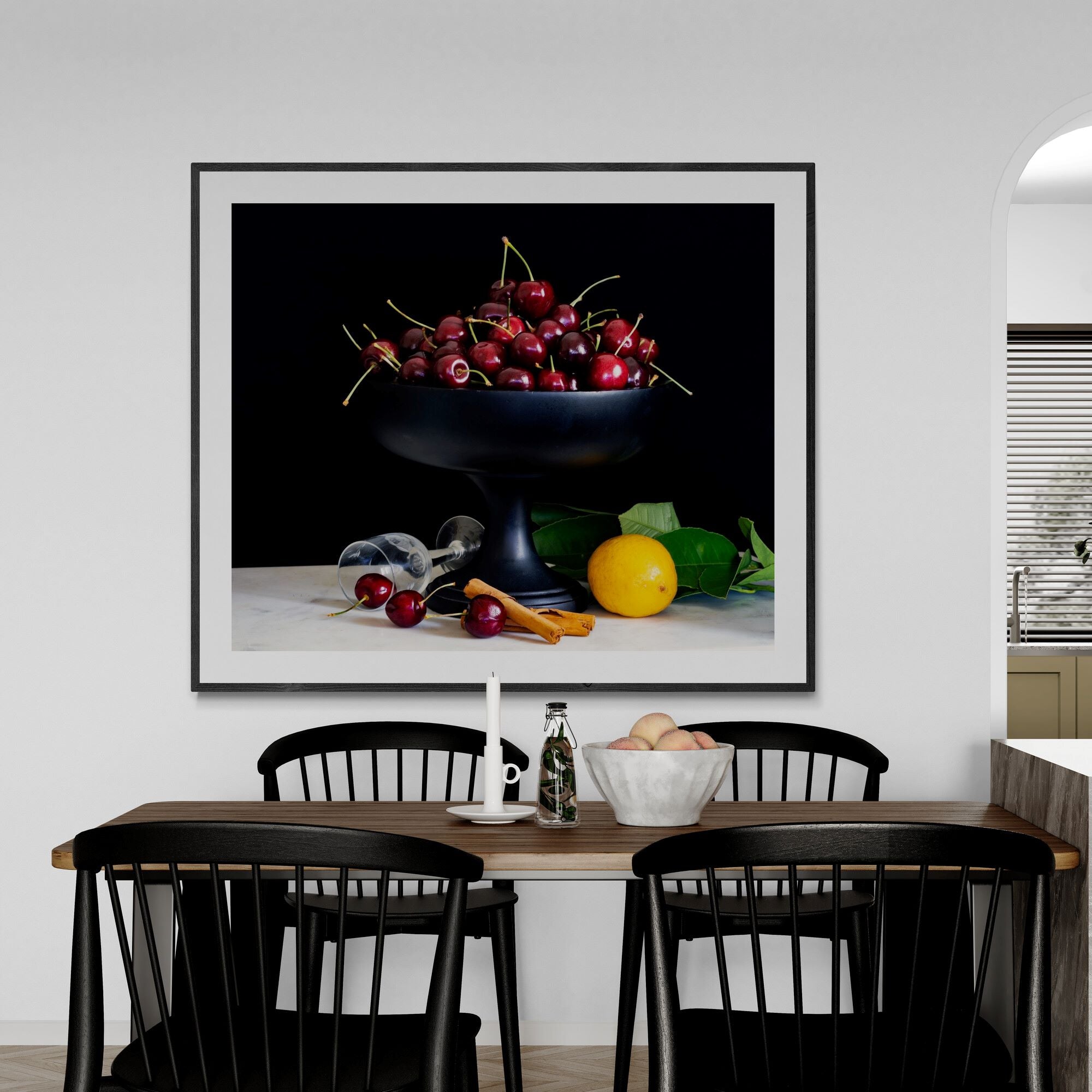 still life bowl of cherries print in dining-area by Kirsten Clark Art