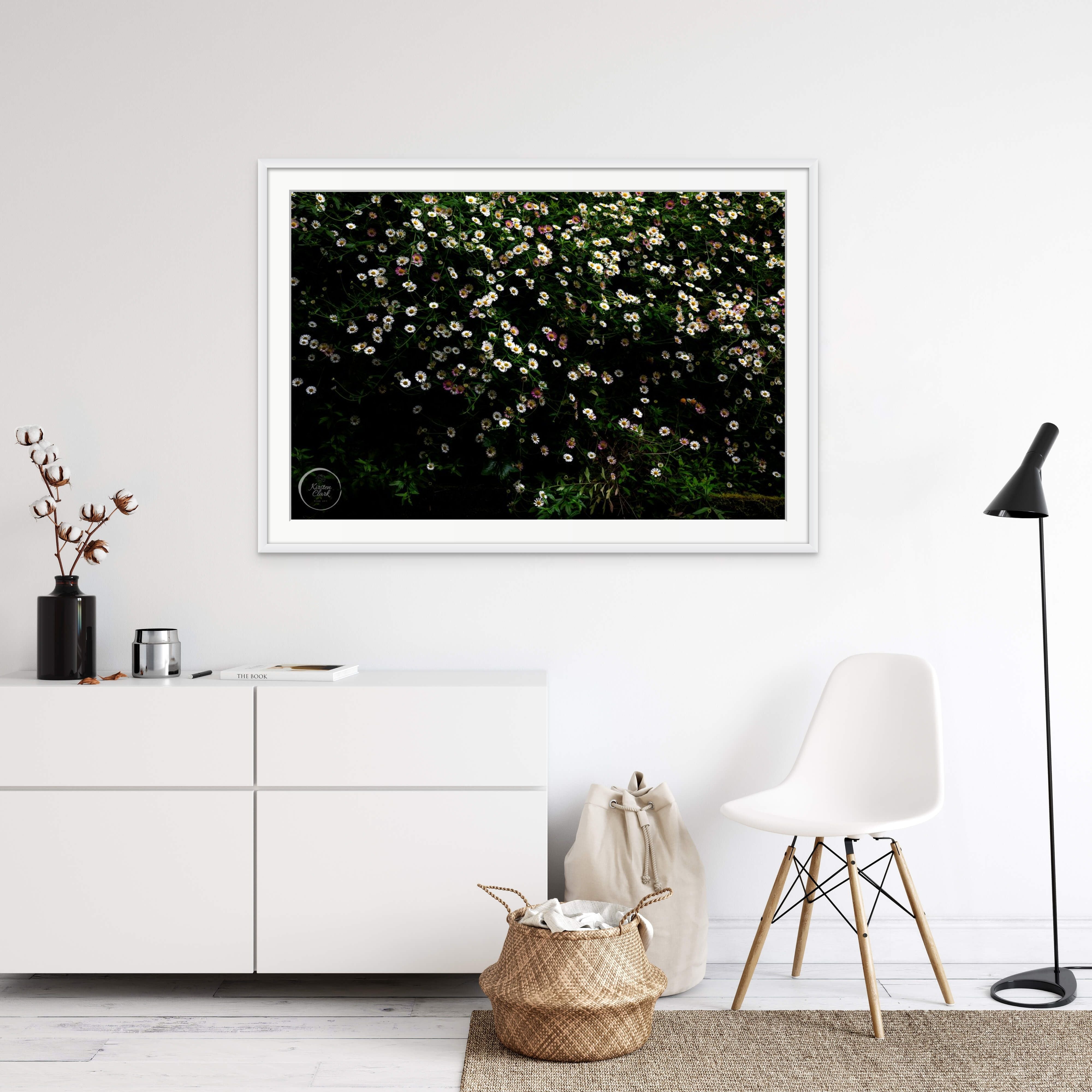 Daisy Bank Framed Print on wall 