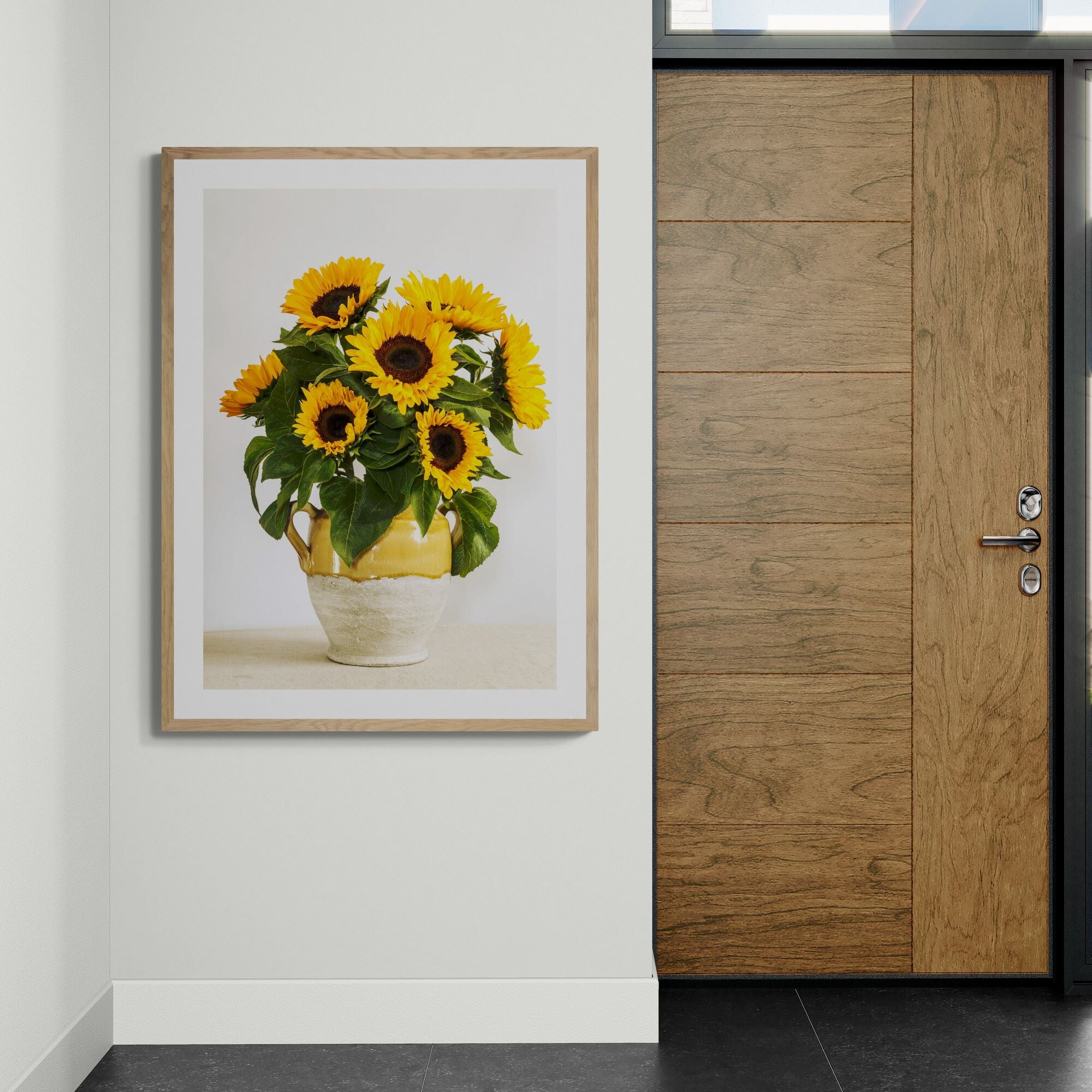 sunflowers in a rustic urn print in modern-house-entrance by Kirsten Clark Art