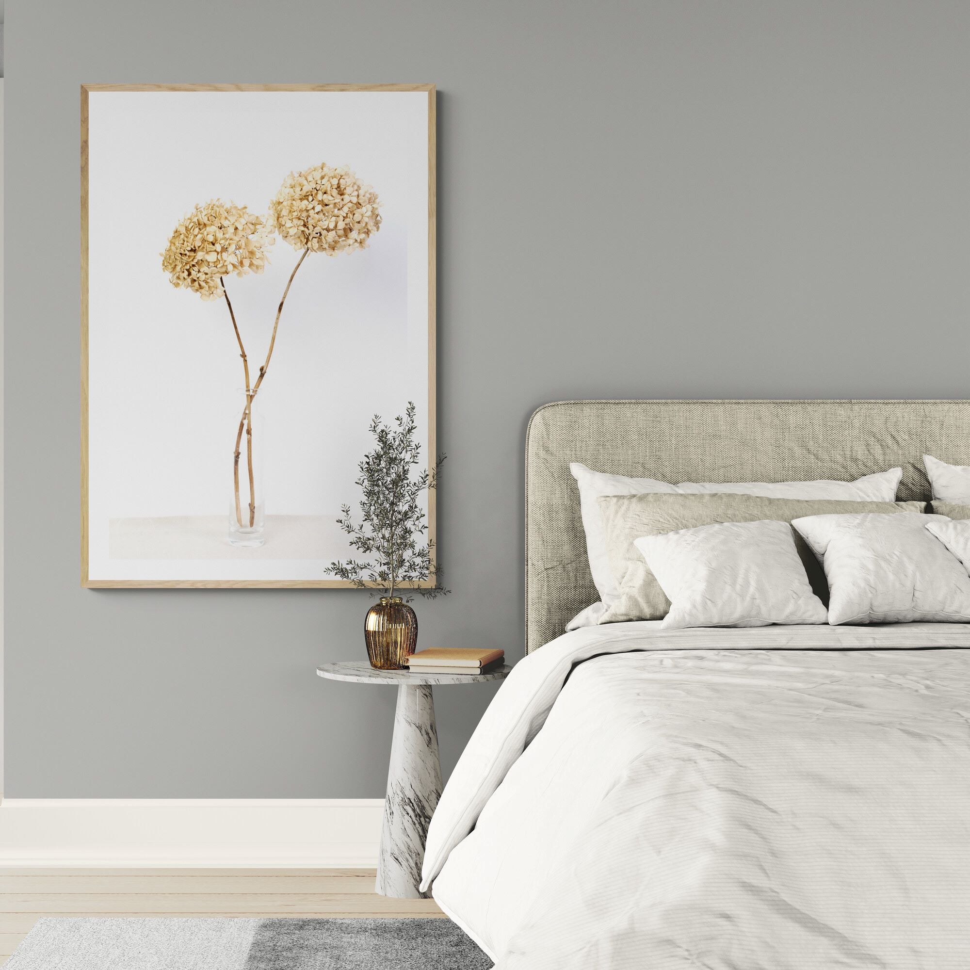 two dried hydrangeas in a vase print in modern-bedroom by Kirsten Clark Art