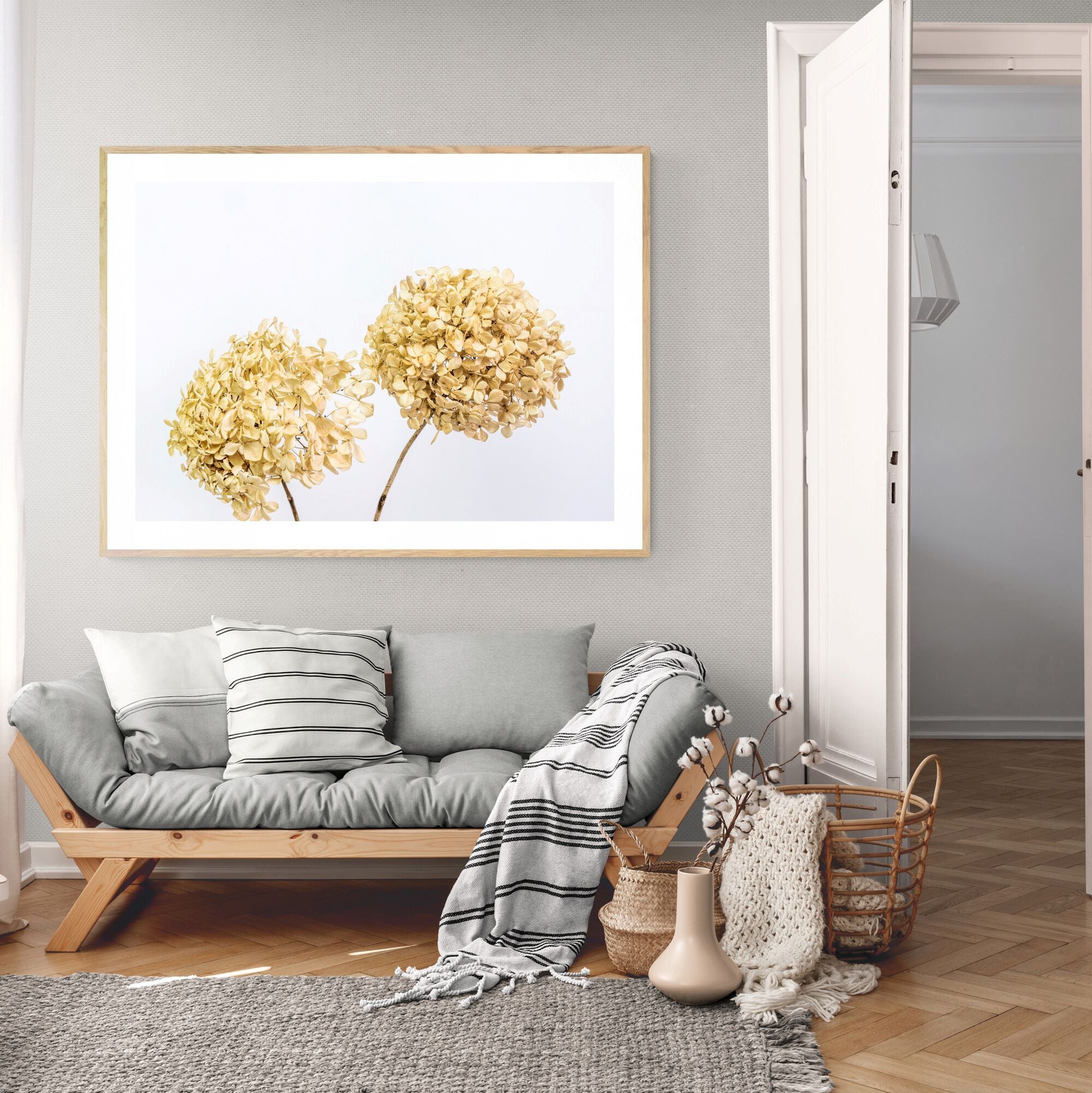 two_dried_hydrangeas_print_in_living_room by Kirsten Clark Art