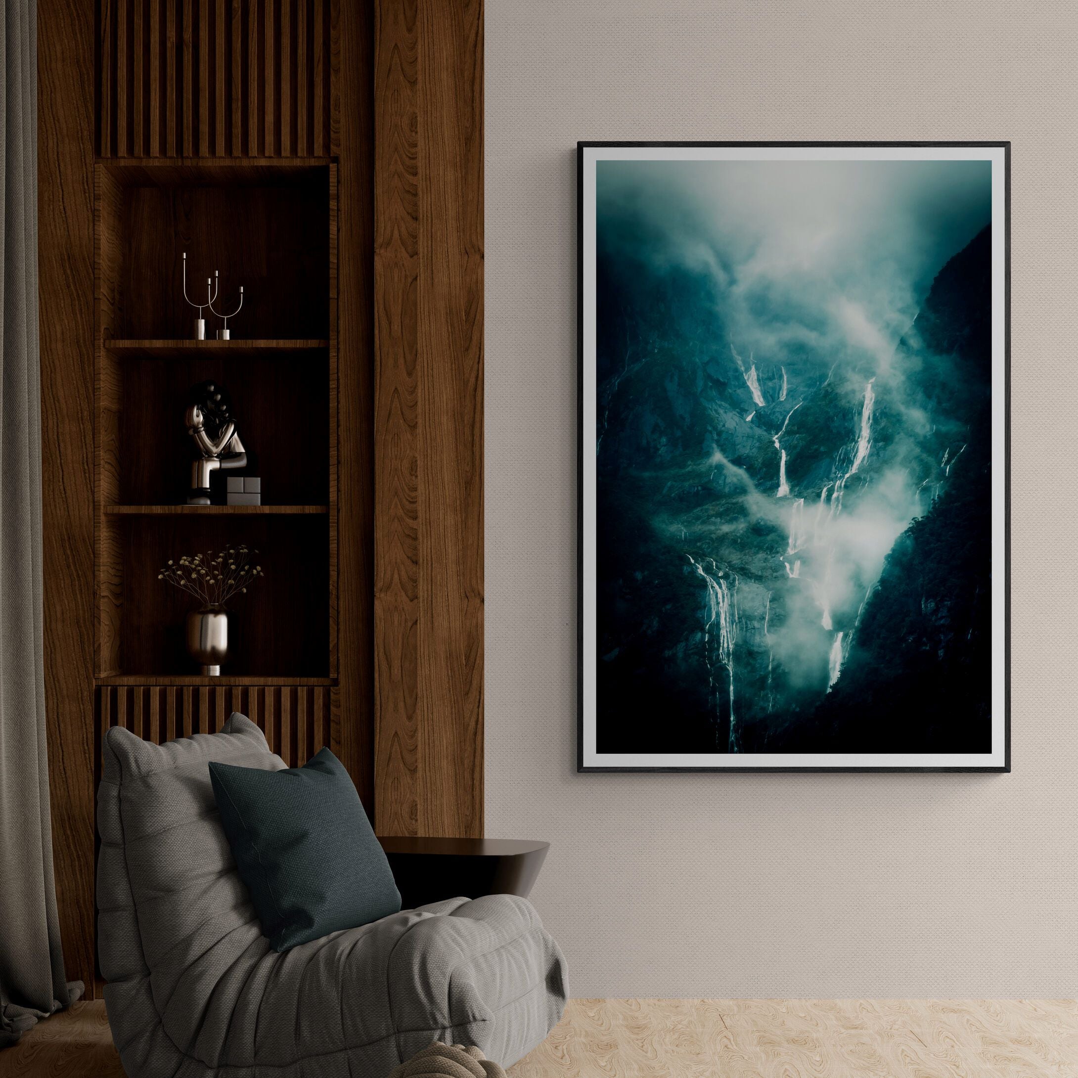 Milford Sound valley of the falls framed in living-room by Kirsten Clark Art