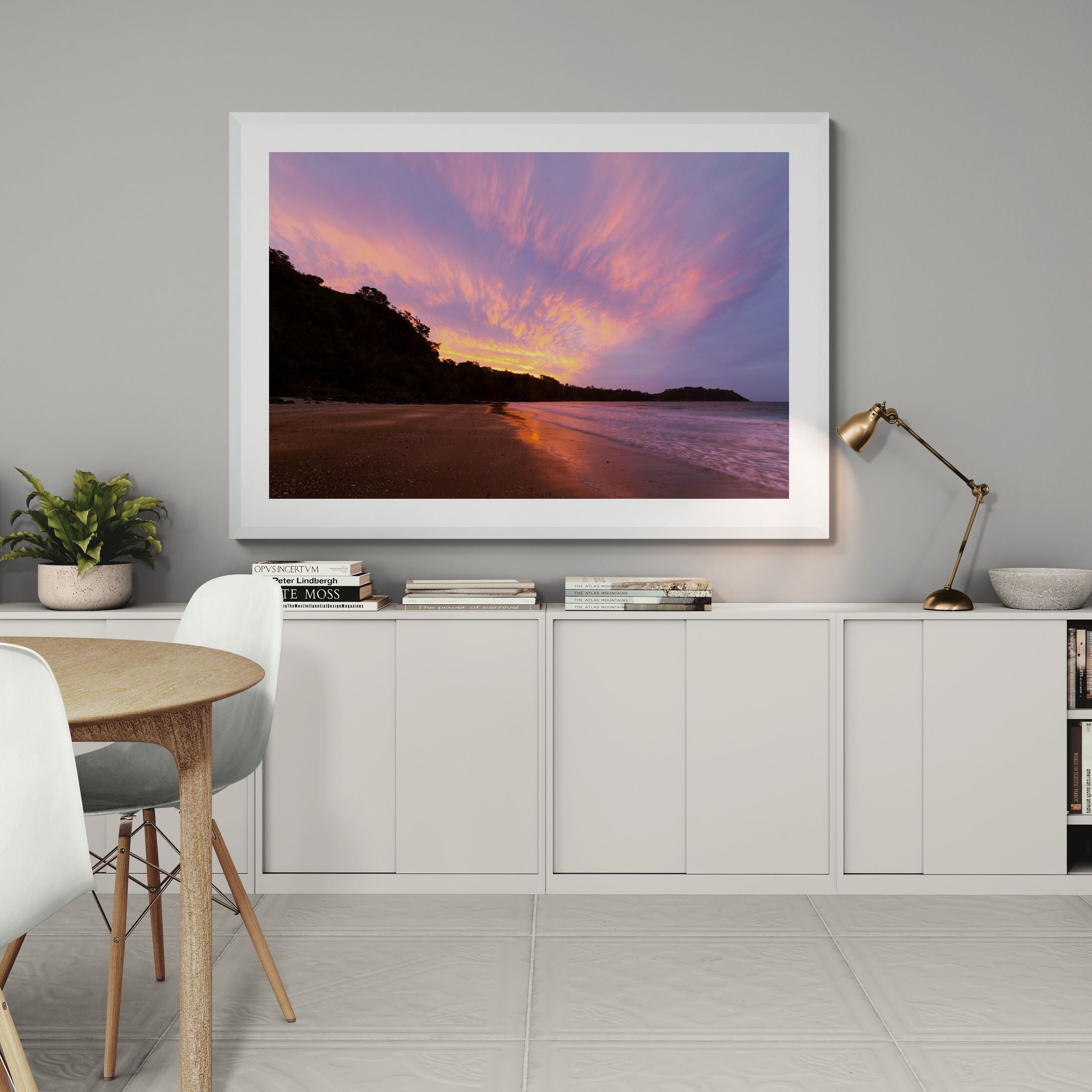 waiheke onetangi beach sunset print in dining-room 2 by Kirsten Clark Art