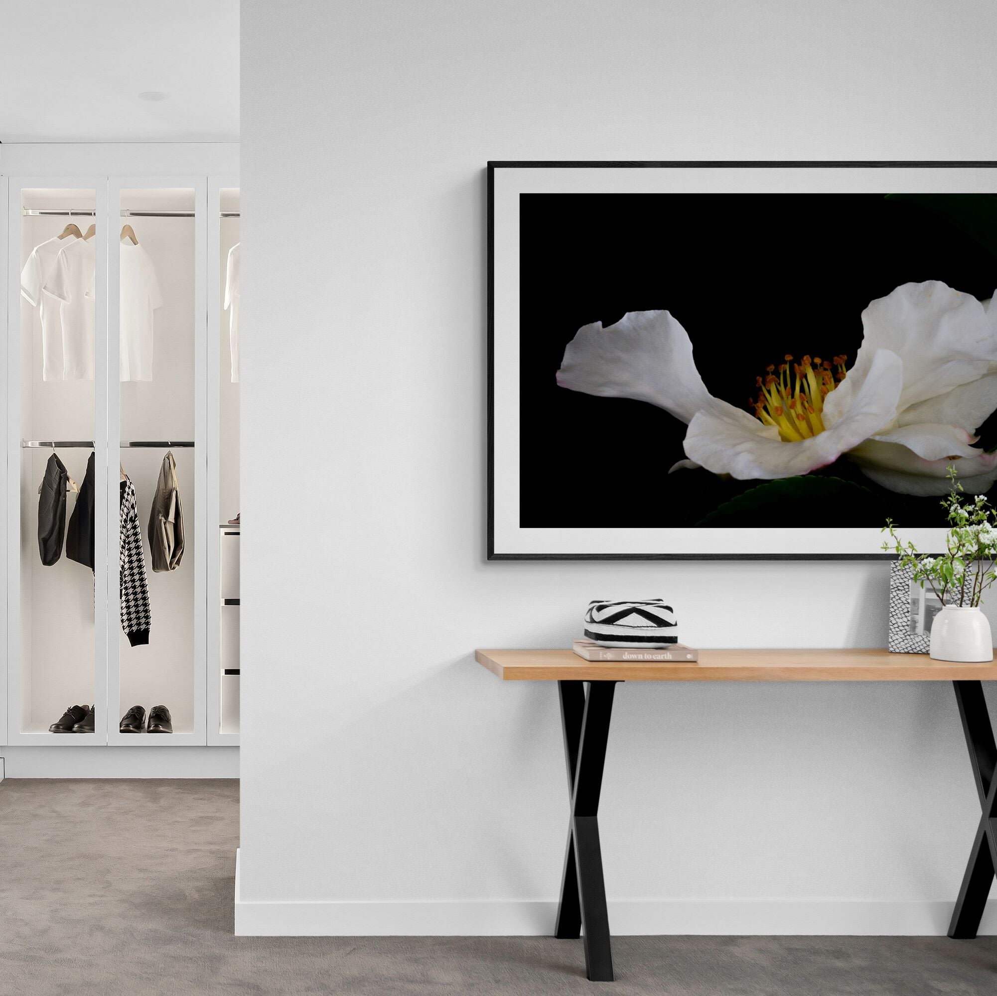 white camellia print bedroom-with-a-trestle-console-table by Kirsten Clark Art
