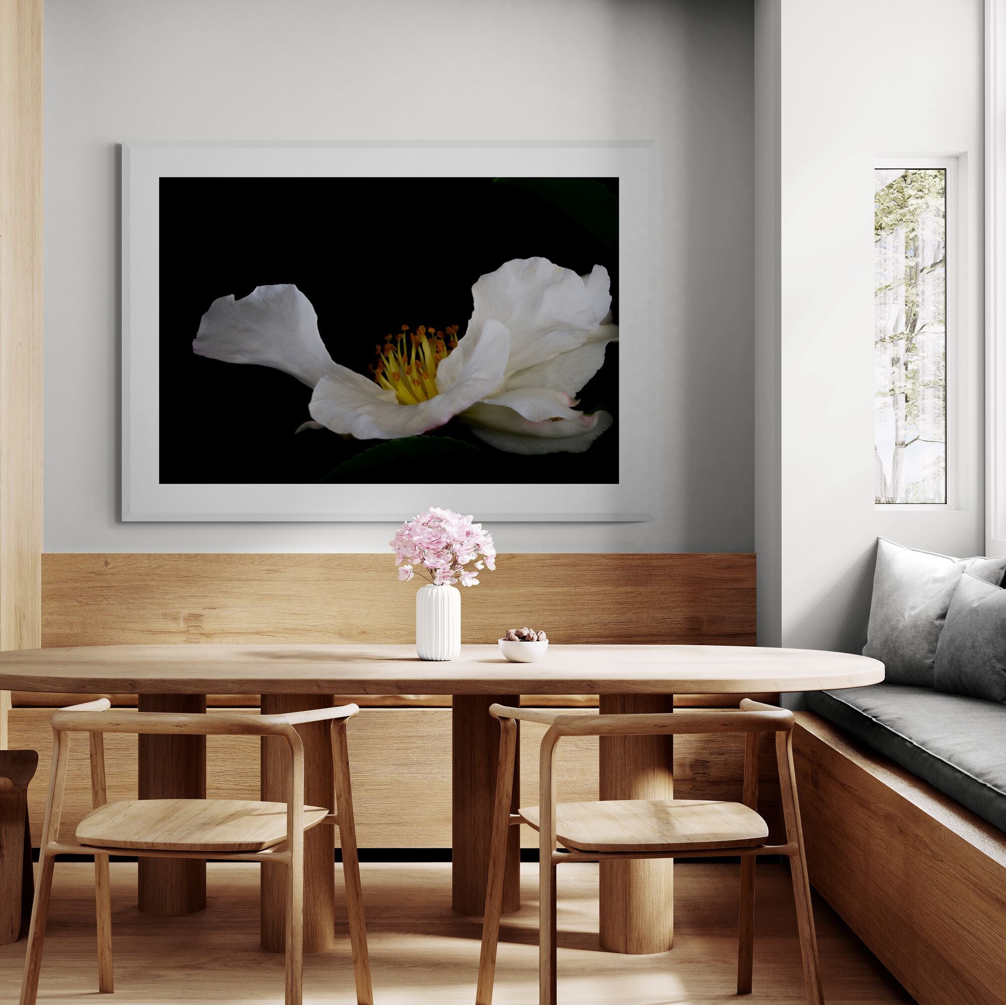 white_camellia_print_in_dining-area-with-oak-furniture by Kirsten Clark Art