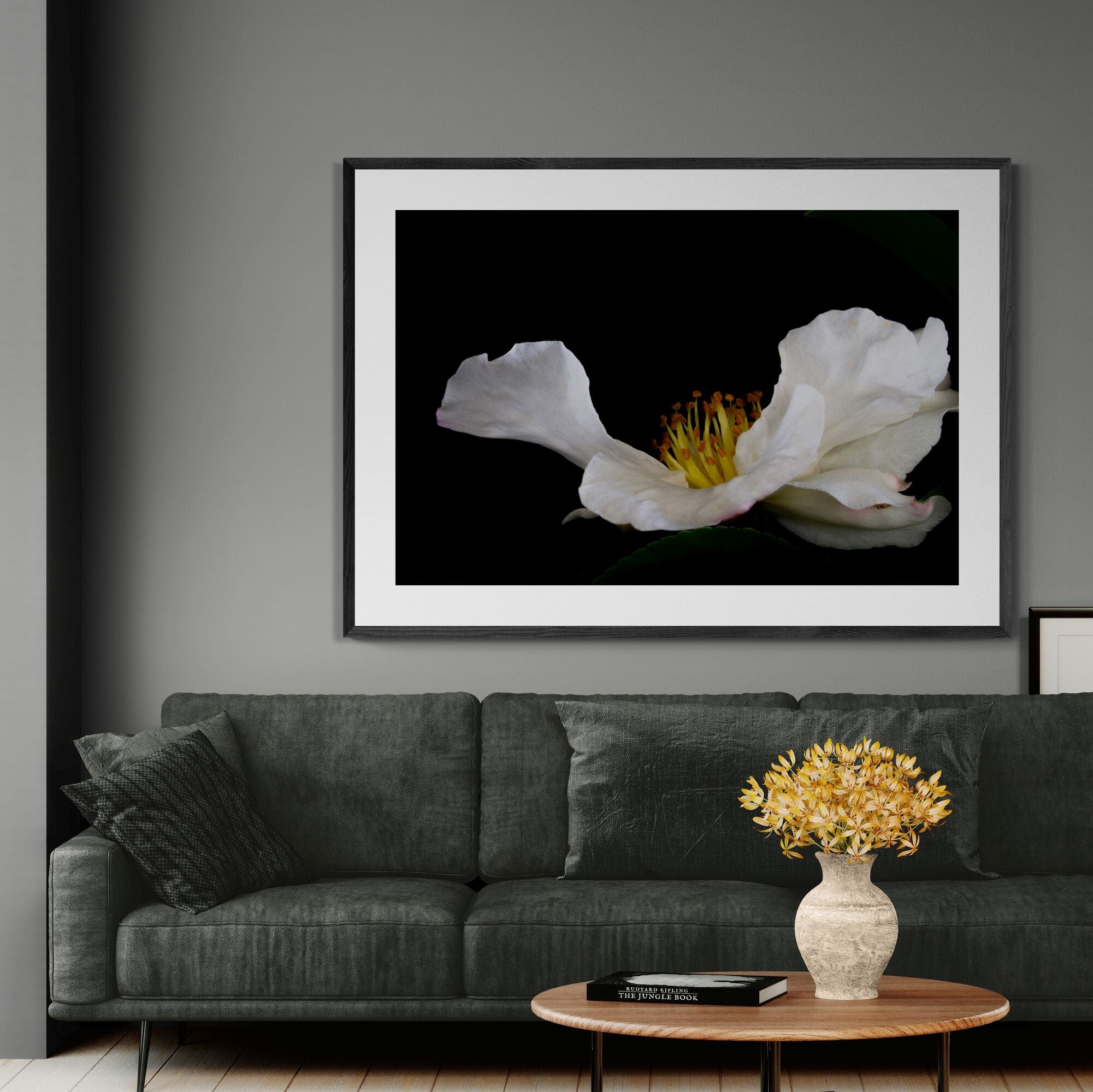 white camellia prrint in living-room by Kirsten Clark Art