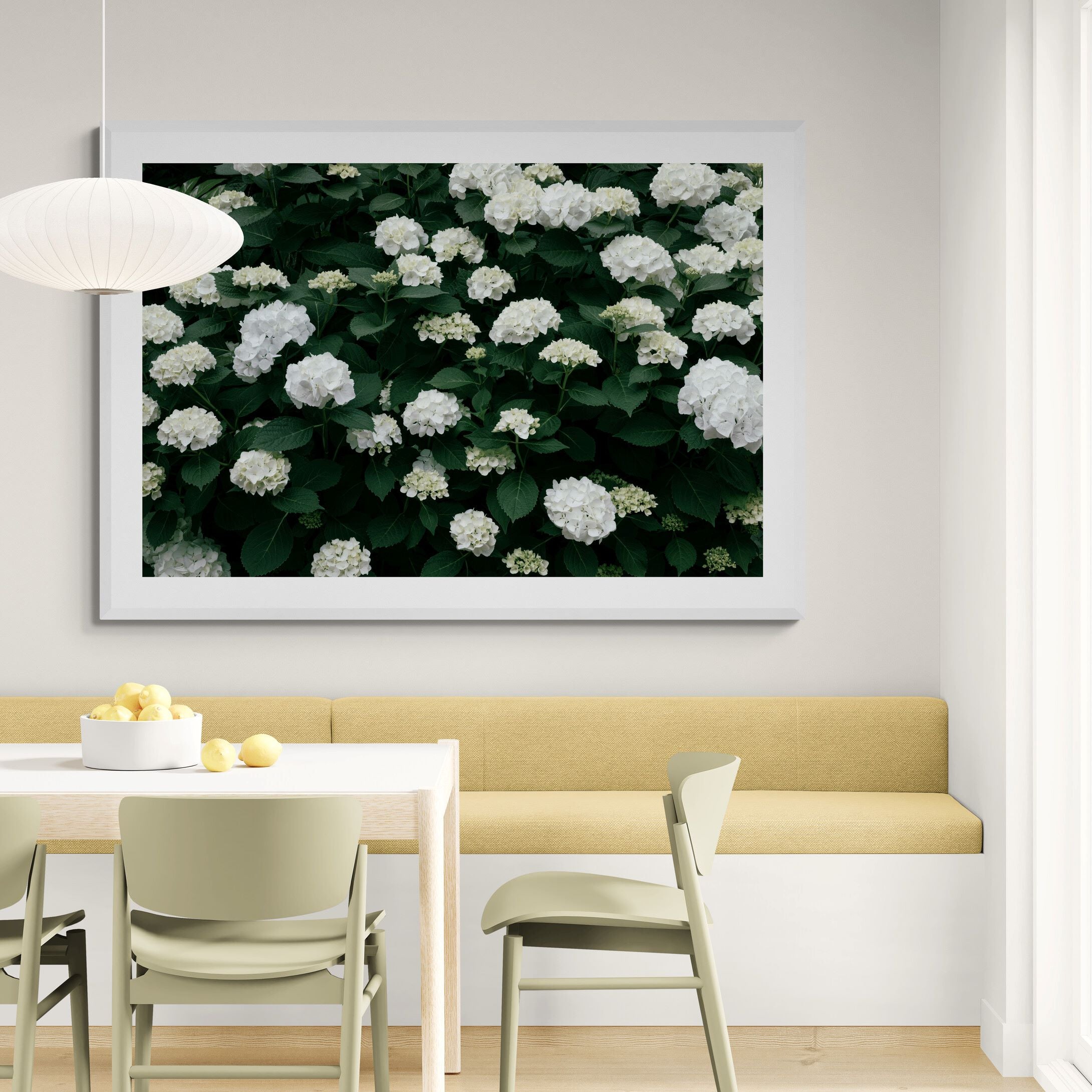 white hydrangea bush print in bright-dining-room by Kirsten Clark Art