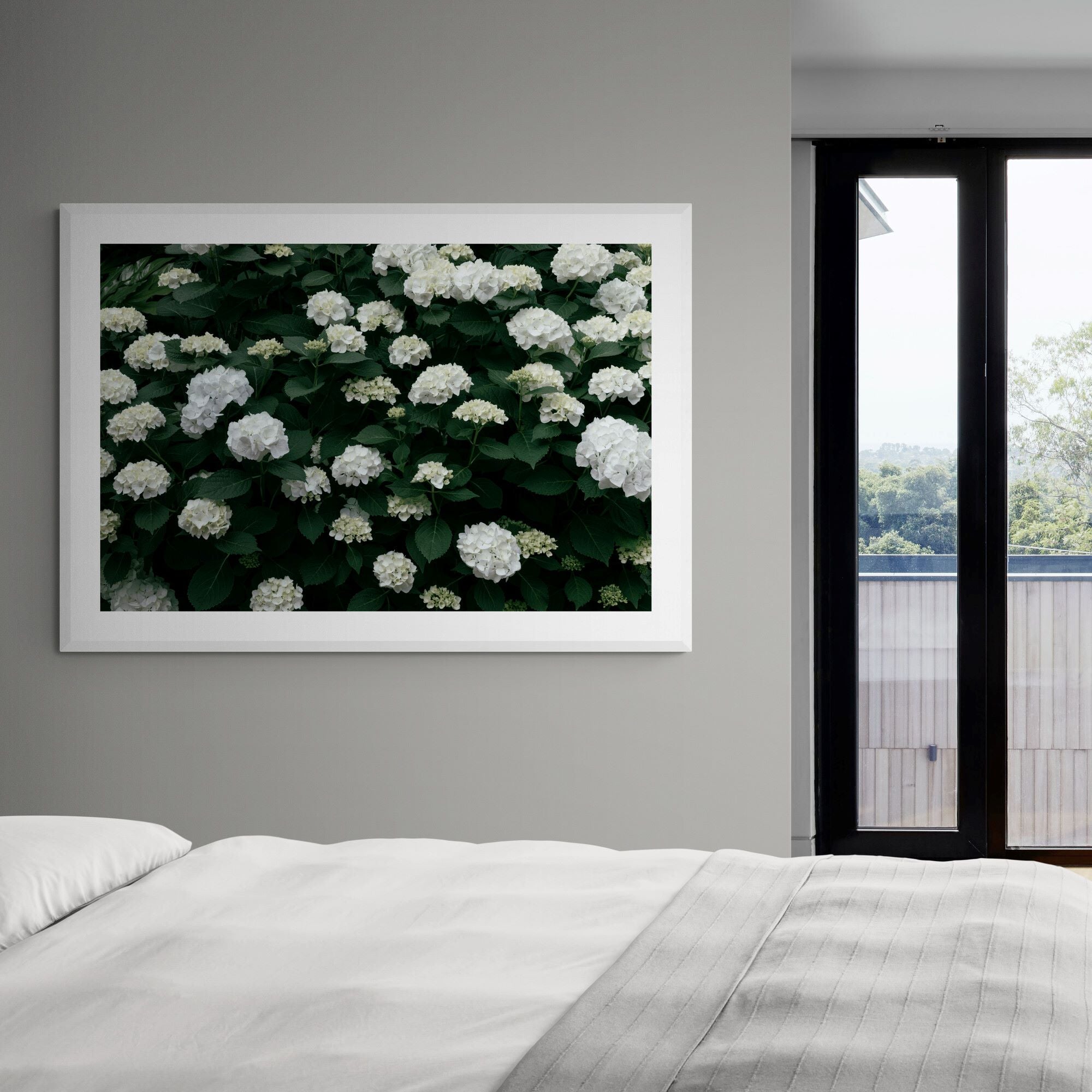 white hydrangea bush print in modern-apartment-bedroom by Kirsten Clark Art