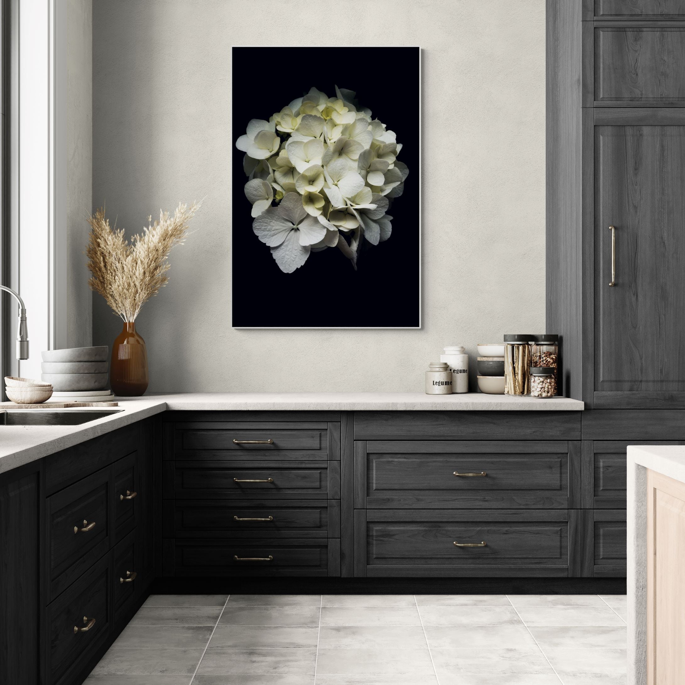 white hydrangea portrait canvas in kitchen Kirsten Clark photograhy