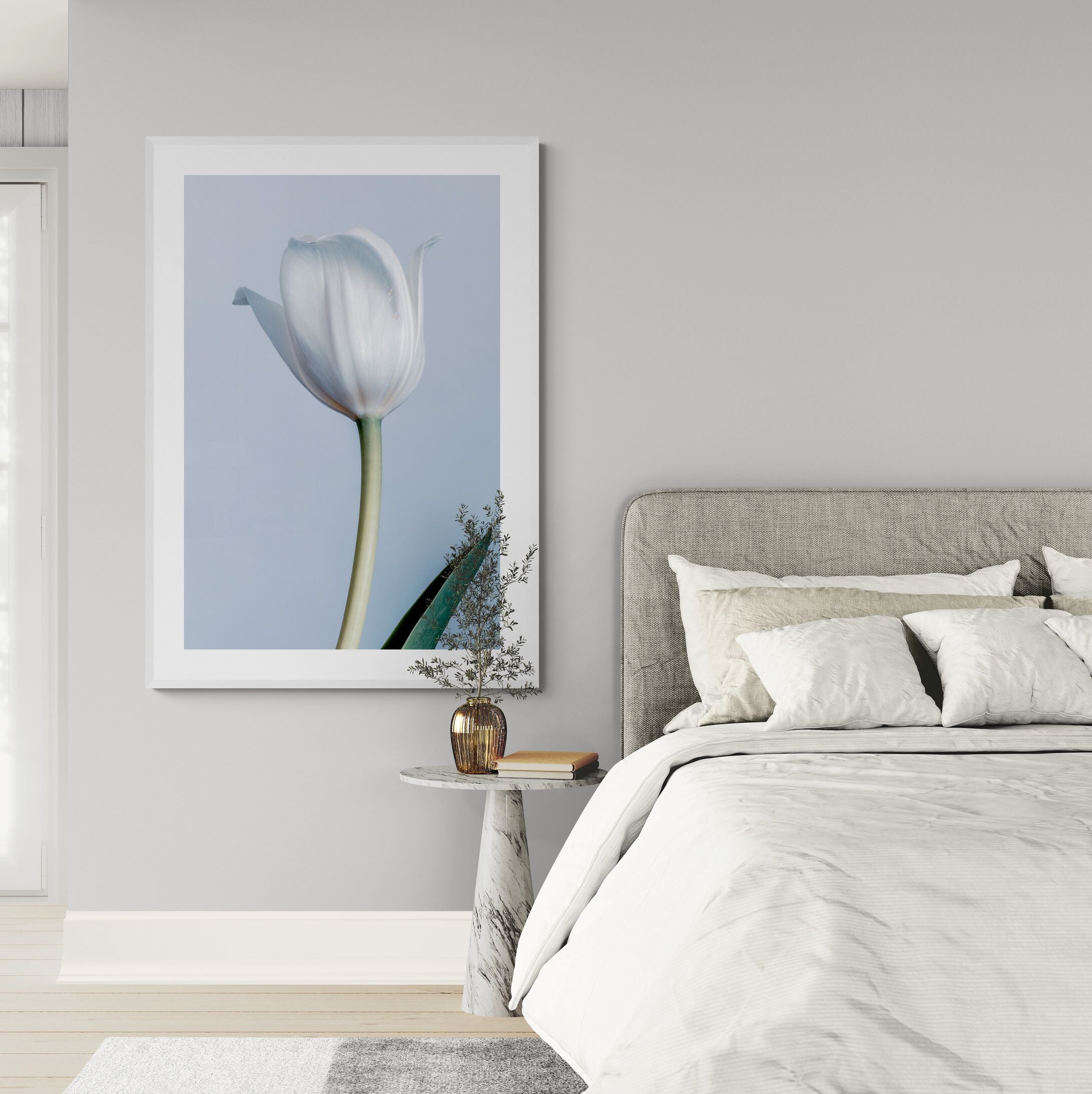 white_tulip_print_in_bedroom by Kirsten Clark Art